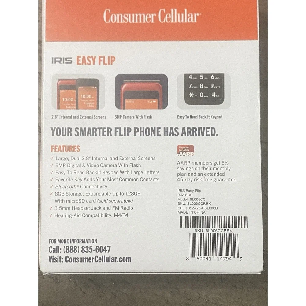 Iris Easy Flip Consumer Cellular Flip Phone 2.8
